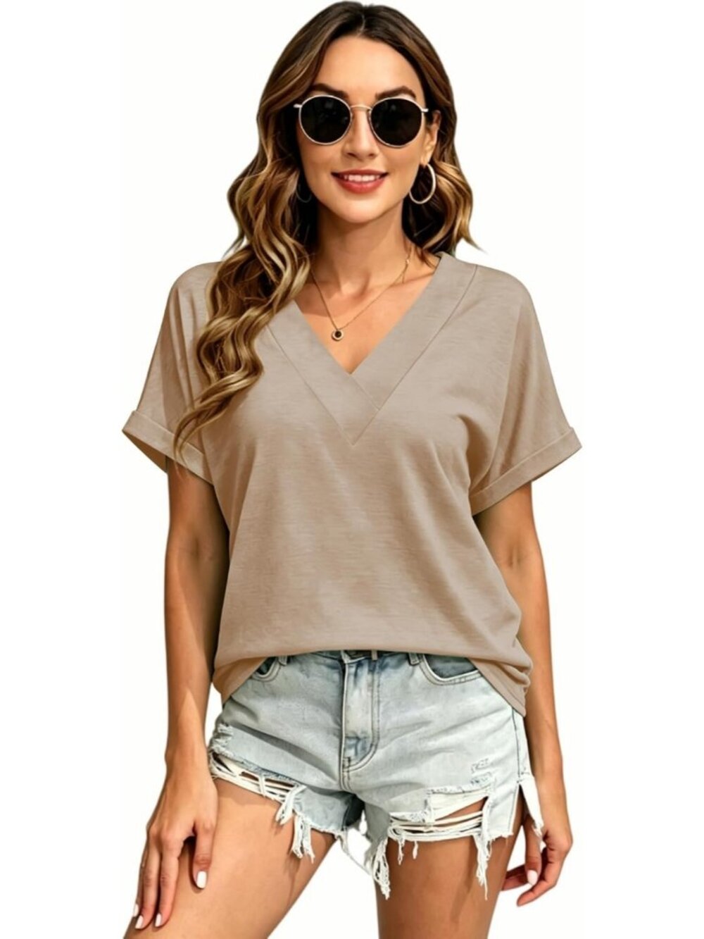 Women's Khaki Summer Short Sleeves V Neck Casual Beach Vacation Fashion Tops - Picture 6 of 6